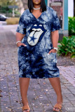 Colour Fashion Casual Print Basic V Neck Short Sleeve Dress