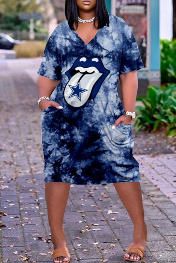 Dark Blue Fashion Casual Print Basic V Neck Short Sleeve Dress