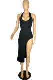Black Sexy Solid High Opening Halter Pencil Skirt Dresses