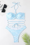 Blue Sexy Striped Print Backless Swimwears