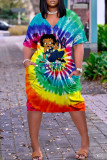 Colour Fashion Casual Print Basic V Neck Short Sleeve Dress