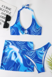 Turquoise Sexy Vacation Print Patchwork Swimwears