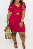 Red Casual Print Split Joint O Neck Straight Dresses