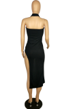 Black Sexy Solid High Opening Halter Pencil Skirt Dresses