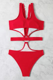 Red Sexy Solid Hollowed Out Patchwork Stringy Selvedge Swimwears