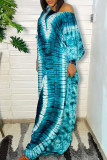 Blue Gradual Change Print Tie-dye O Neck A Line Dresses