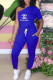Blue Fashion Casual Print Letter Oblique Collar Jumpsuits