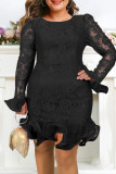 Black Sexy Solid Patchwork See-through Flounce One Step Skirt Dresses