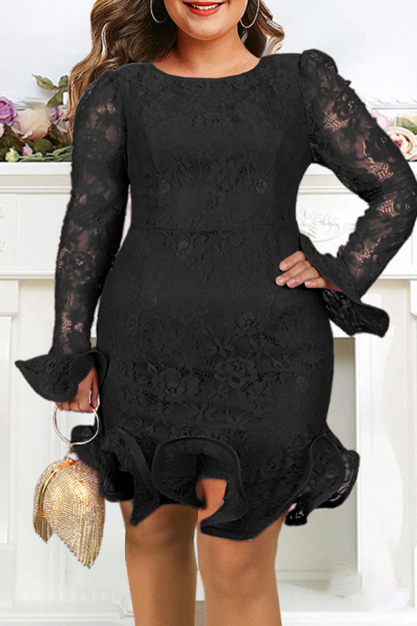 Black Sexy Solid Patchwork See-through Flounce One Step Skirt Dresses