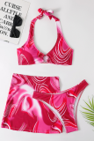Turquoise Sexy Vacation Print Patchwork Swimwears