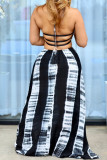 Black White Fashion Sexy Casual Gradual Change Striped Bandage Tie-dye Spaghetti Strap A Line Dresses