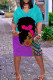 Blue Purple Fashion Casual Print Basic V Neck Short Sleeve Dress