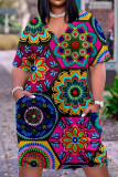 Multicolor Fashion Casual Print Basic V Neck Short Sleeve Dress