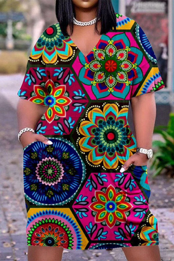 Multicolor Fashion Casual Print Basic V Neck Short Sleeve Dress