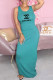 Green Fashion Casual Print Letter O Neck One Step Skirt Dresses