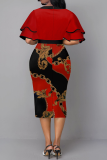 Red Vintage Print Flounce O Neck Pencil Skirt Dresses