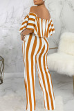 Burgundy Fashion Casual Striped Print Split Joint Off the Shoulder Straight Jumpsuits