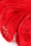 Red Sexy Solid Patchwork See-through Flounce One Step Skirt Dresses