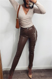Brown Fashion Casual Solid Slit Skinny Mid Waist Pencil Trousers