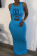 Light Blue Fashion Print Letter O Neck One Step Skirt Dresses