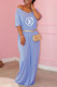 Light Blue Fashion Casual Print Letter V Neck One Step Skirt Dresses