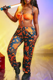 Orange Fashion Casual Print Basic Regular High Waist Conventional Full Print Bottoms
