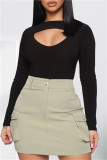 Black Sexy Casual Solid Hollowed Out O Neck Long Sleeves Skinny Romper
