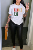 White Fashion Street Print Patchwork Letter O Neck T-Shirts