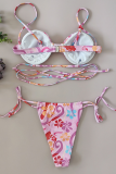 Pink Sexy Vacation Print Patchwork Swimwears