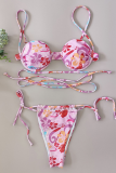 Pink Sexy Vacation Print Patchwork Swimwears