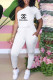 White Fashion Casual Print Letter Oblique Collar Jumpsuits