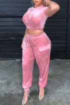 Pink Sexy Solid Split Joint O Neck Short Sleeve Two Pieces