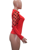 Red Sexy Dot Split Joint O Neck Tops
