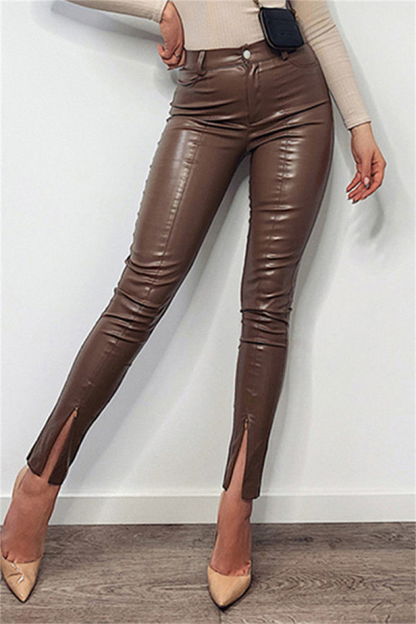 Brown Fashion Casual Solid Slit Skinny Mid Waist Pencil Trousers