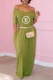 Light Green Fashion Casual Print Letter V Neck One Step Skirt Dresses