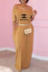 Khaki Fashion Casual Print Letter V Neck Straight Dresses