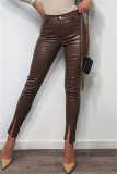 Brown Fashion Casual Solid Slit Skinny Mid Waist Pencil Trousers