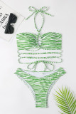 Green Sexy Striped Print Backless Swimwears
