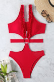 Red Sexy Solid Hollowed Out Patchwork Stringy Selvedge Swimwears