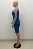 Blue Sexy Solid Patchwork Zipper Collar Skinny Rompers
