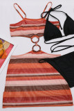 Tangerine Red Sexy Striped Print Patchwork Swimwears