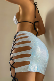 Silver Sexy Vacation Animal Print Hollowed Out Patchwork Swimwears