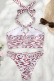 Pink Sexy Vacation Print Bandage Patchwork Swimwears