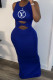 Blue Fashion Print Letter O Neck One Step Skirt Dresses