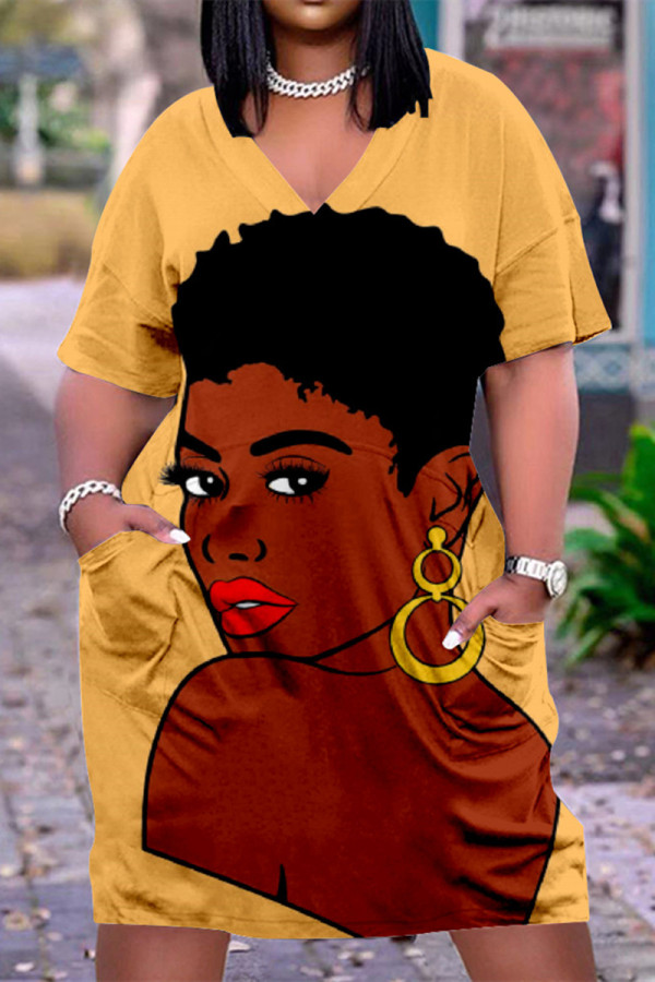 Orange Fashion Casual Print Basic V Neck Short Sleeve Dress