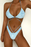 Blue Sexy Solid Backless Swimwears