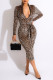 Brown Sexy Print Patchwork Zipper Collar Pencil Skirt Dresses