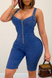 Blue Sexy Solid Patchwork Zipper Collar Skinny Rompers