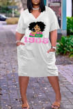 White Fashion Casual Print Basic V Neck Short Sleeve Dress