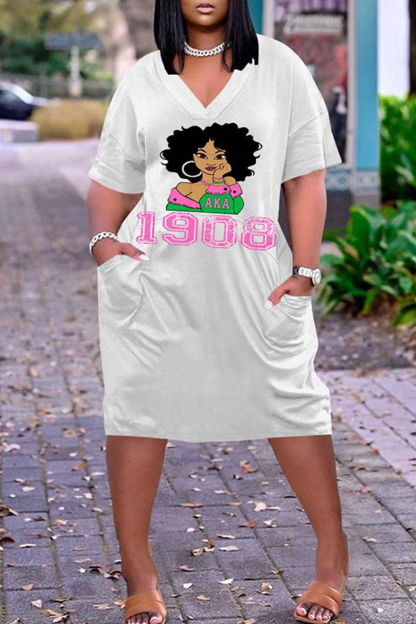 White Fashion Casual Print Basic V Neck Short Sleeve Dress